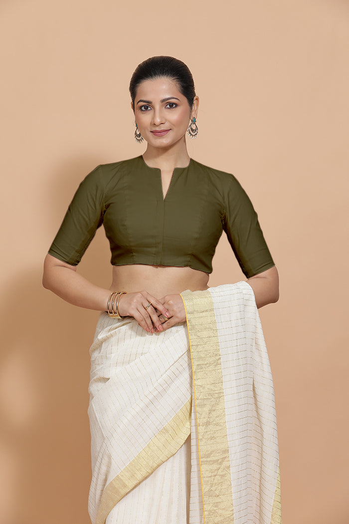 Kinal x Rozaana Saree Blouse, in Green Linen, featuring elbow sleeves and round neckline, made for daily & work (view 5).