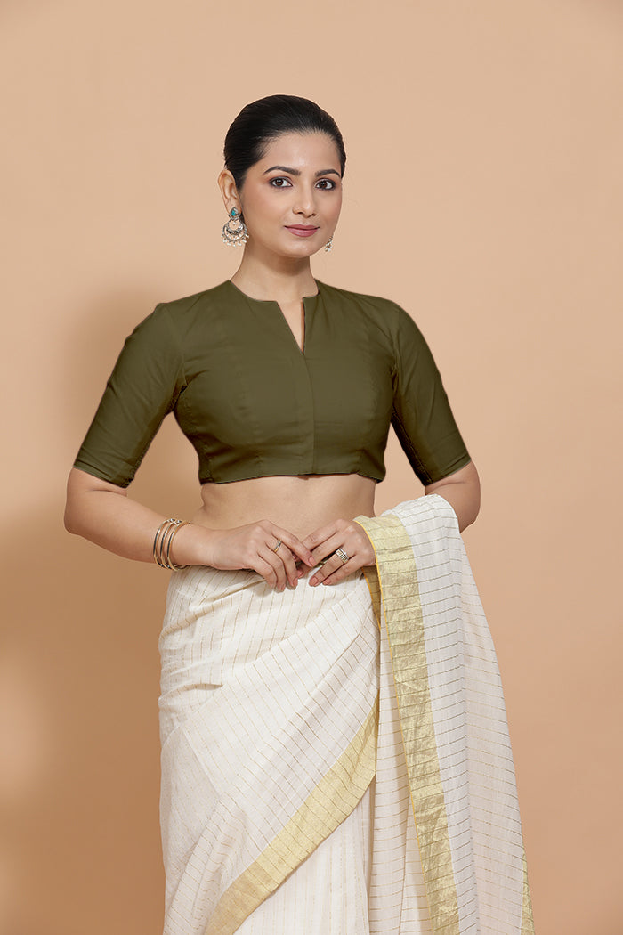 Kinal x Rozaana Saree Blouse, in Green Linen, featuring elbow sleeves and round neckline, made for daily & work (view 6).