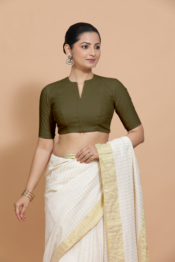 Kinal x Rozaana Saree Blouse, in Green Linen, featuring elbow sleeves and round neckline, made for daily & work (view 7).