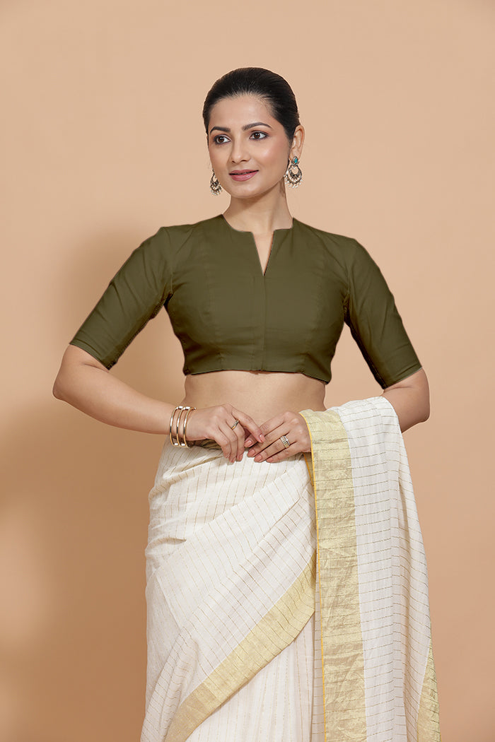Kinal x Rozaana Saree Blouse, in Green Linen, featuring elbow sleeves and round neckline, made for daily & work (view 8).