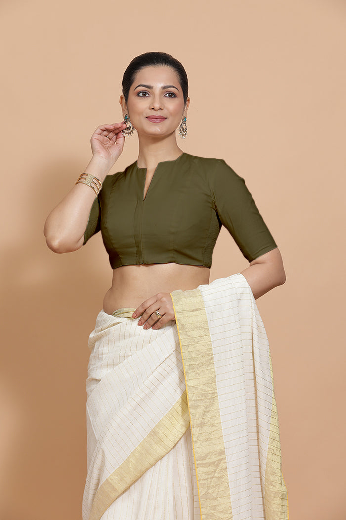 Kinal x Rozaana | Elbow Sleeves Saree Blouse in Deep Olive Green Linen-Binks