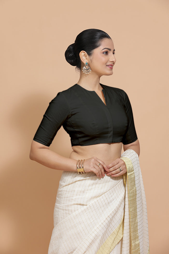 Kinal x Rozaana | Elbow Sleeves Saree Blouse in Ebony Black Linen-Binks