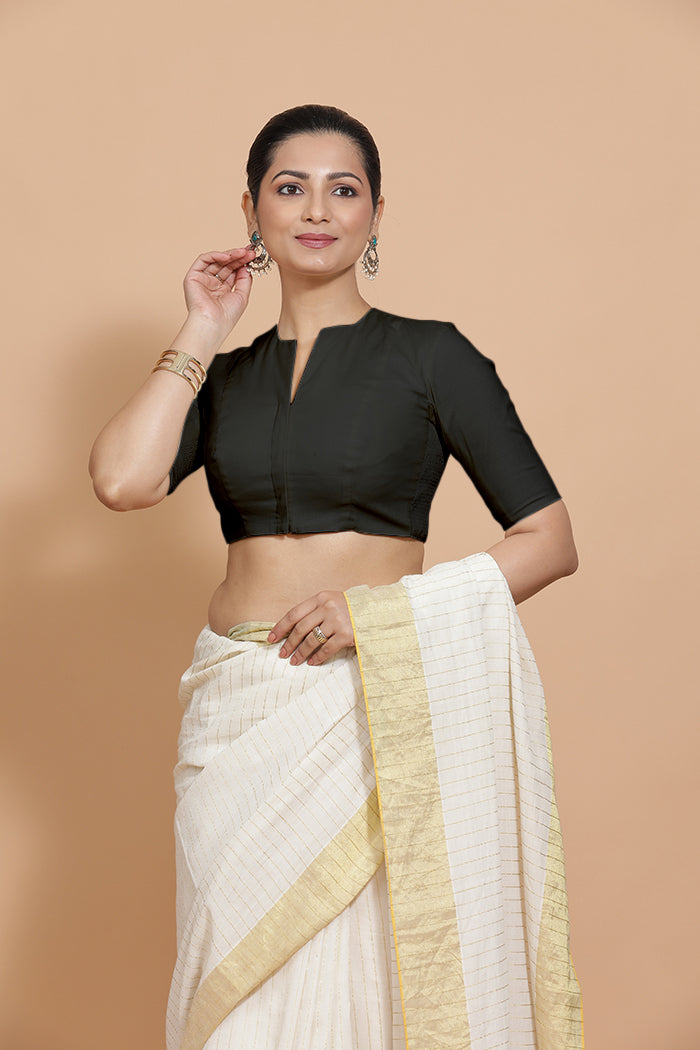 Kinal x Rozaana | Elbow Sleeves Saree Blouse in Ebony Black Linen-Binks