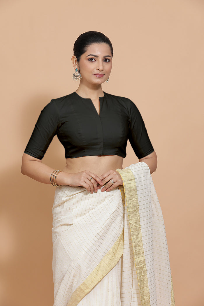 Kinal x Rozaana Saree Blouse, in Black Linen, featuring elbow sleeves and round neckline, made for daily & work (view 7).
