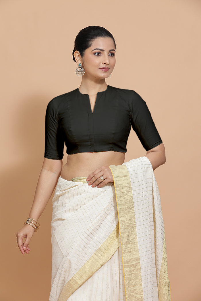 Kinal x Rozaana Saree Blouse, in Black Linen, featuring elbow sleeves and round neckline, made for daily & work (view 8).