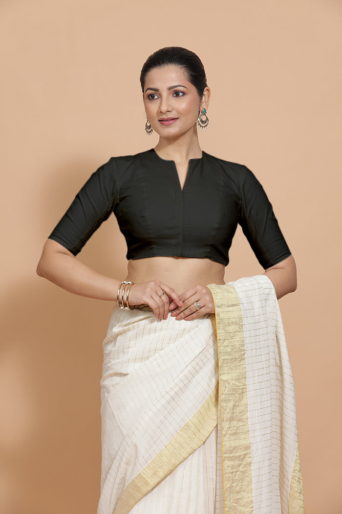 Kinal x Rozaana | Elbow Sleeves Saree Blouse in Ebony Black Linen-Binks