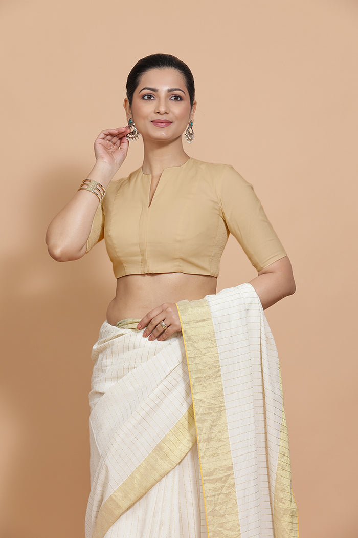 Kinal x Rozaana | Elbow Sleeves Saree Blouse in Ecru Beige Linen-Binks