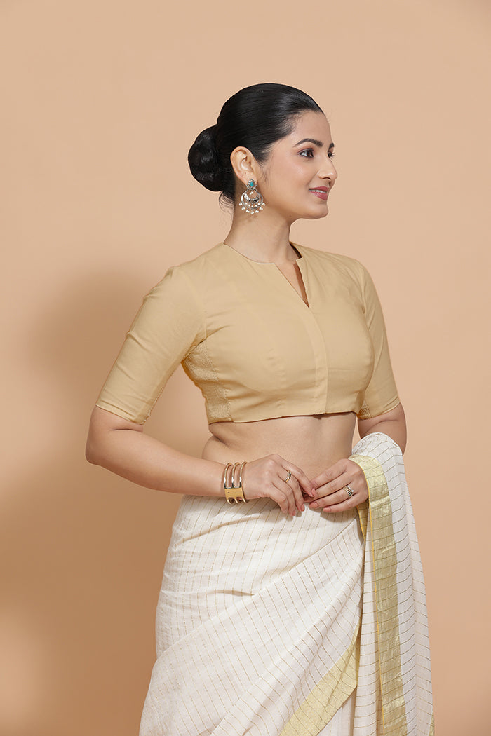 Kinal x Rozaana | Elbow Sleeves Saree Blouse in Ecru Beige Linen-Binks
