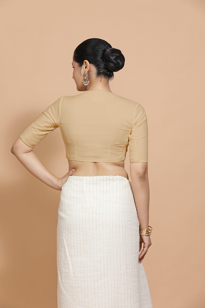 Kinal x Rozaana Saree Blouse, in Beige Linen, featuring elbow sleeves and round neckline, made for daily & work (view 2).