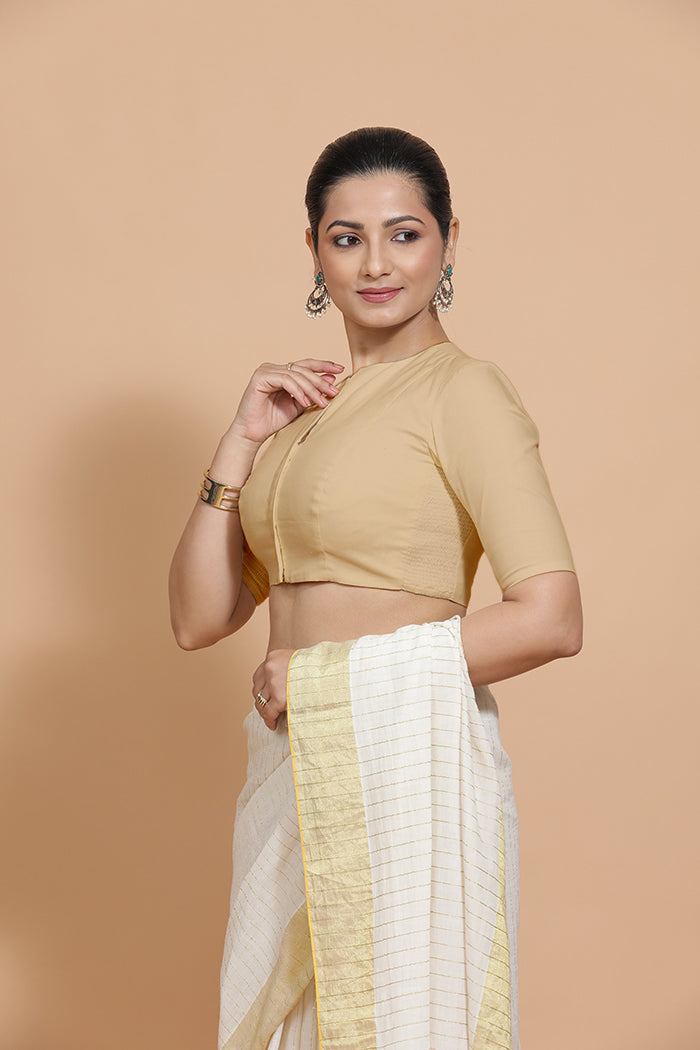Kinal x Rozaana Saree Blouse, in Beige Linen, featuring elbow sleeves and round neckline, made for daily & work (view 5).