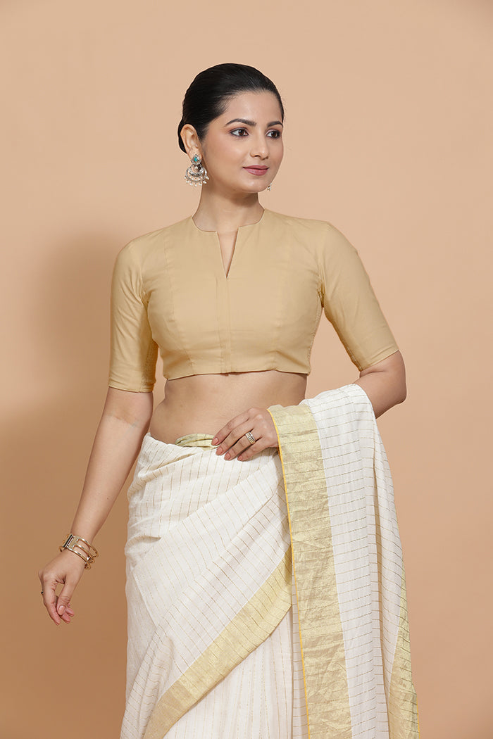 Kinal x Rozaana Saree Blouse, in Beige Linen, featuring elbow sleeves and round neckline, made for daily & work (view 8).