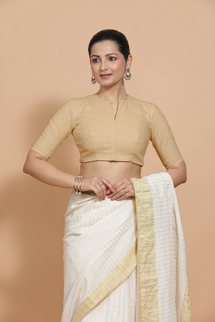 Kinal x Rozaana | Elbow Sleeves Saree Blouse in Ecru Beige Linen-Binks