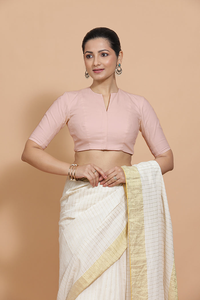 Kinal x Rozaana | Elbow Sleeves Saree Blouse in Misty Pink Linen-Binks