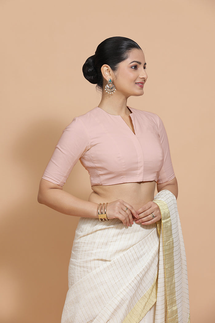 Kinal x Rozaana | Elbow Sleeves Saree Blouse in Misty Pink Linen-Binks