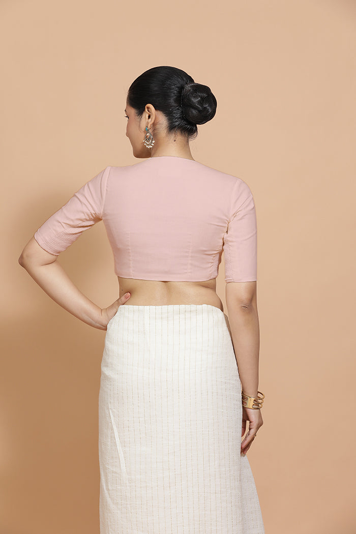 Kinal x Rozaana Saree Blouse, in Pink Linen, featuring elbow sleeves and round neckline, made for daily & work (view 2).