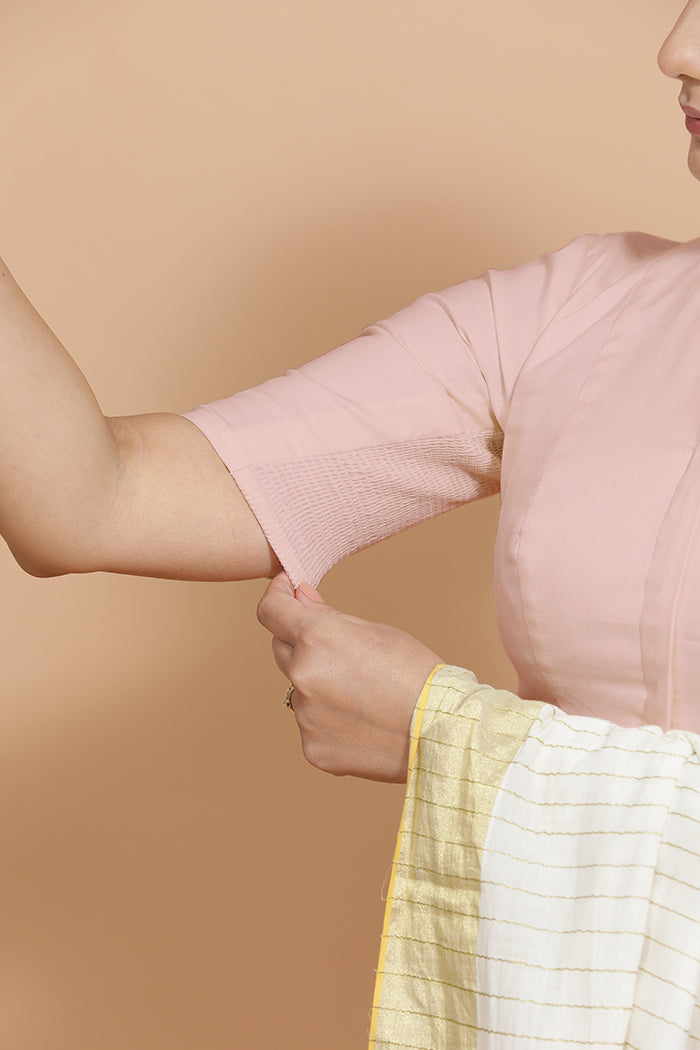 Kinal x Rozaana Saree Blouse, in Pink Linen, featuring elbow sleeves and round neckline, made for daily & work (view 4).
