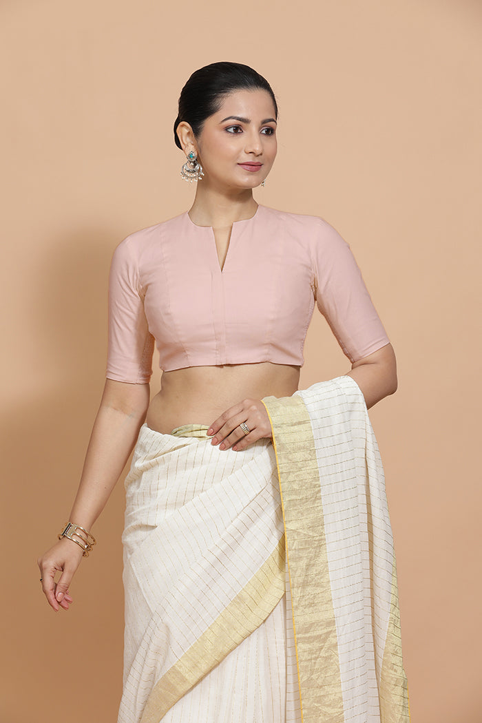 Kinal x Rozaana Saree Blouse, in Pink Linen, featuring elbow sleeves and round neckline, made for daily & work (view 6).