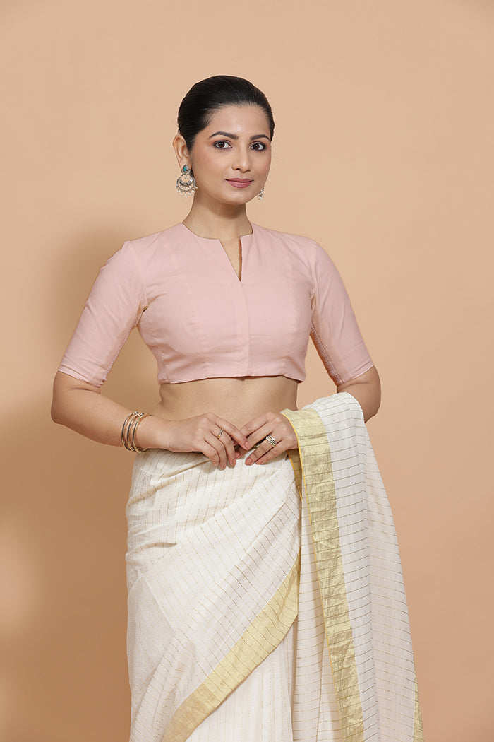 Kinal x Rozaana Saree Blouse, in Pink Linen, featuring elbow sleeves and round neckline, made for daily & work (view 8).