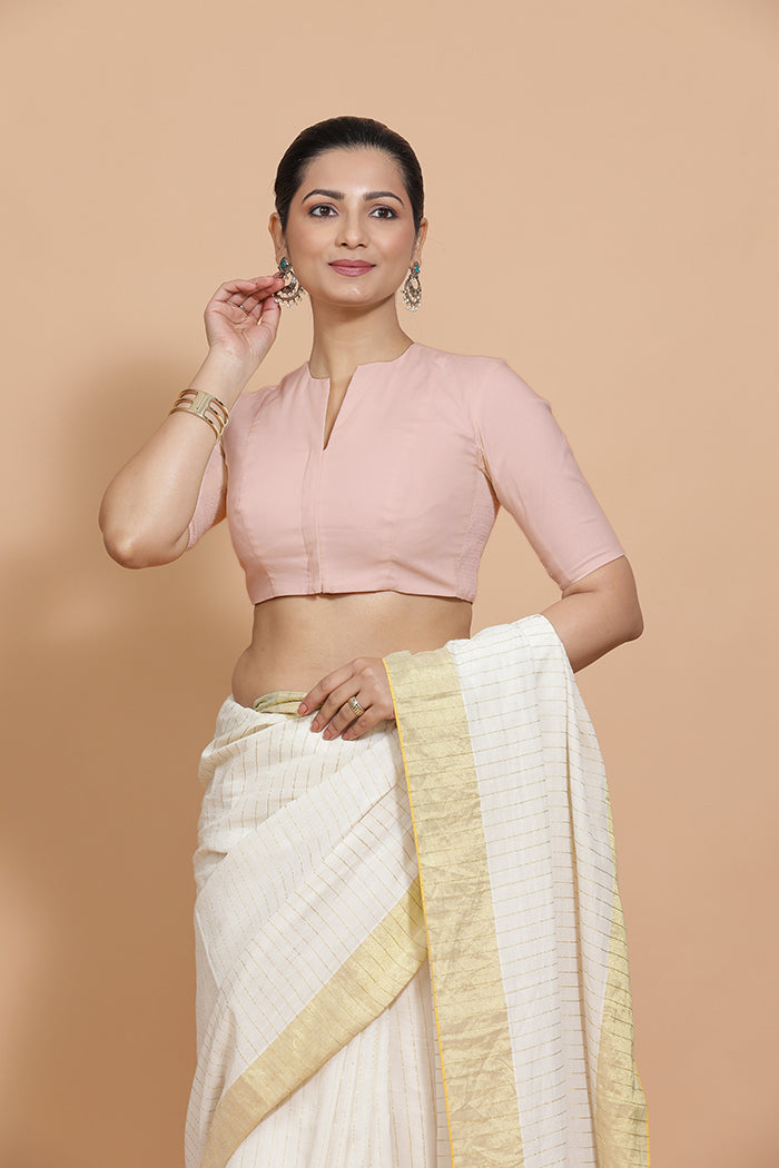 Kinal x Rozaana | Elbow Sleeves Saree Blouse in Misty Pink Linen-Binks
