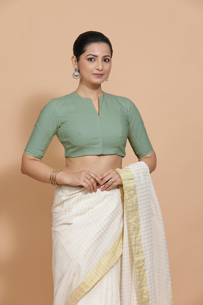 Kinal x Rozaana | Elbow Sleeves Saree Blouse in Peppermint Green Linen-Binks