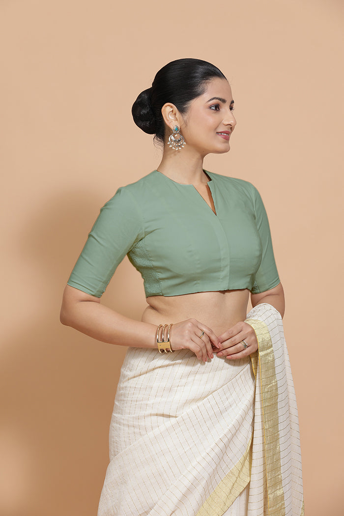 Kinal x Rozaana | Elbow Sleeves Saree Blouse in Peppermint Green Linen-Binks