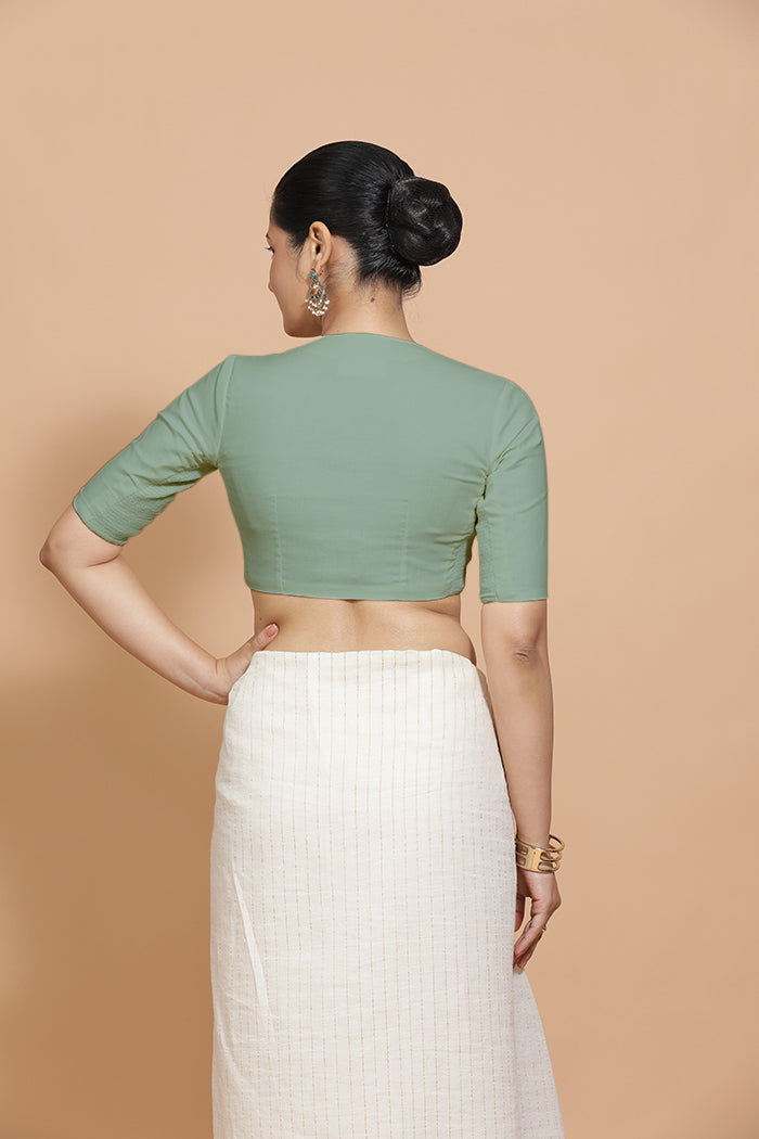 Kinal x Rozaana Saree Blouse, in Green Linen, featuring elbow sleeves and round neckline, made for daily & work (view 2).