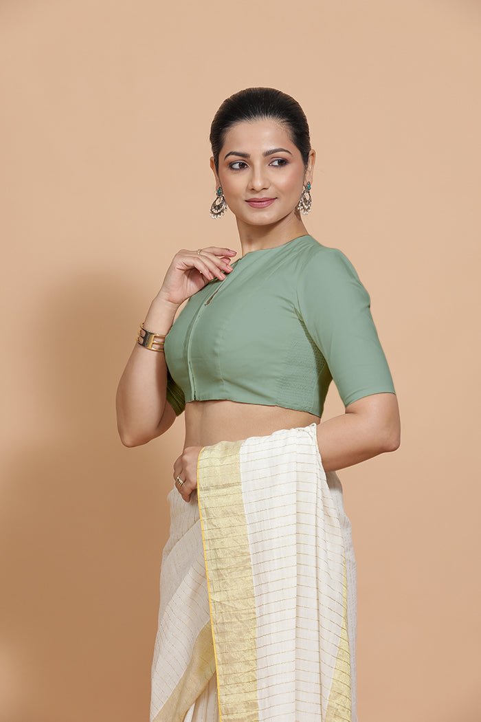 Kinal x Rozaana Saree Blouse, in Green Linen, featuring elbow sleeves and round neckline, made for daily & work (view 5).