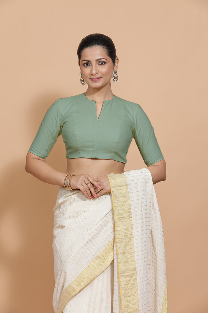 Kinal x Rozaana Saree Blouse, in Green Linen, featuring elbow sleeves and round neckline, made for daily & work (view 6).