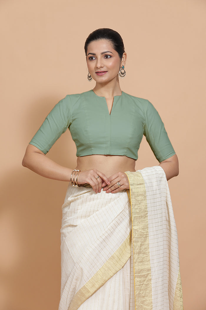 Kinal x Rozaana Saree Blouse, in Green Linen, featuring elbow sleeves and round neckline, made for daily & work (view 8).