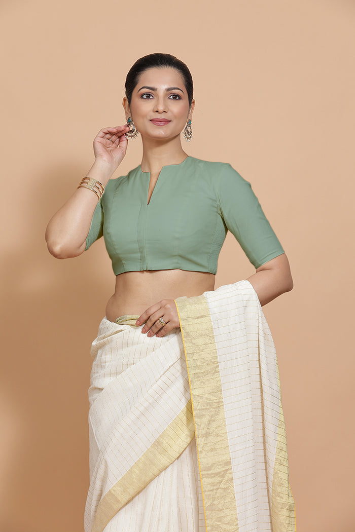 Kinal x Rozaana | Elbow Sleeves Saree Blouse in Peppermint Green Linen-Binks
