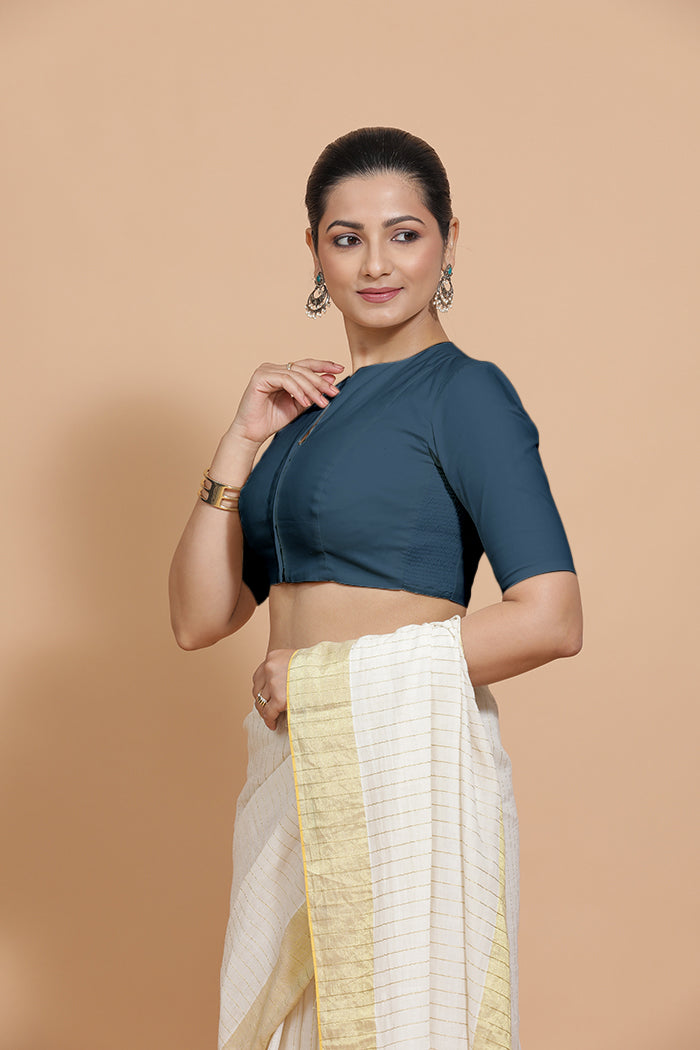 Kinal x Rozaana | Elbow Sleeves Saree Blouse in Regal Blue Linen-Binks