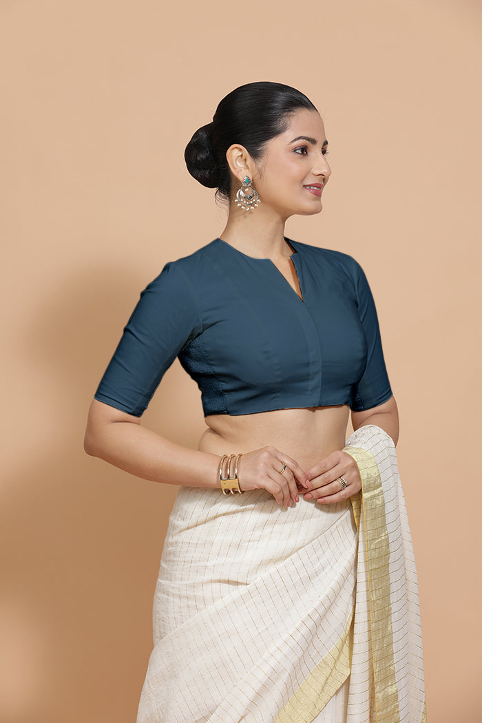 Kinal x Rozaana | Elbow Sleeves Saree Blouse in Regal Blue Linen-Binks