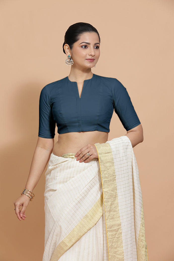 Kinal x Rozaana Saree Blouse, in Blue Linen, featuring elbow sleeves and round neckline, made for daily & work (view 7).