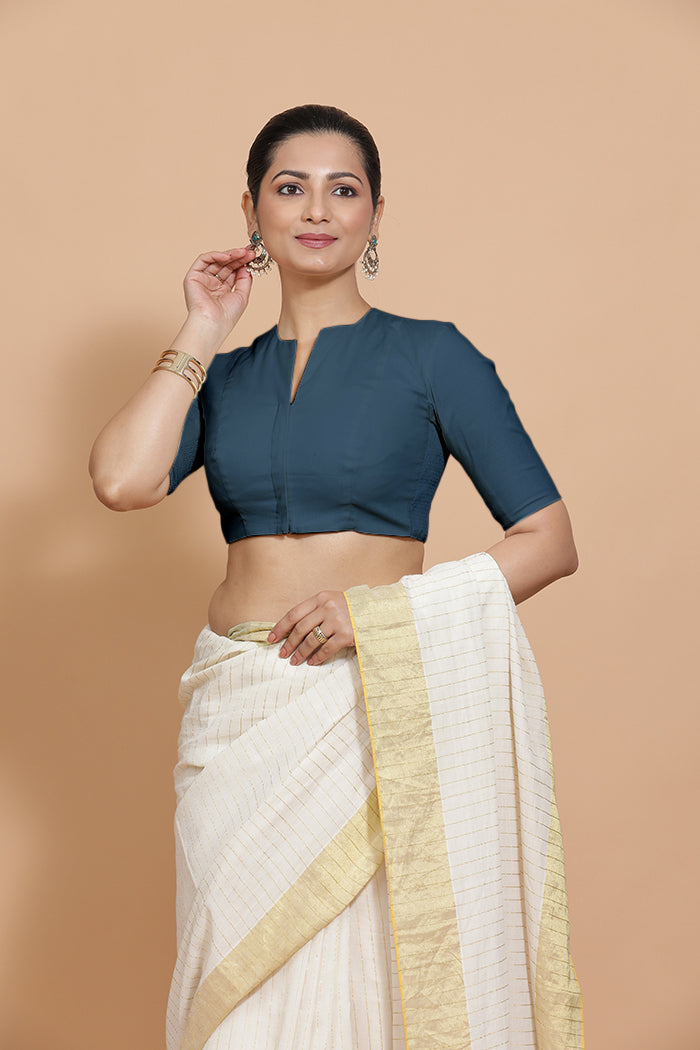 Kinal x Rozaana | Elbow Sleeves Saree Blouse in Regal Blue Linen-Binks