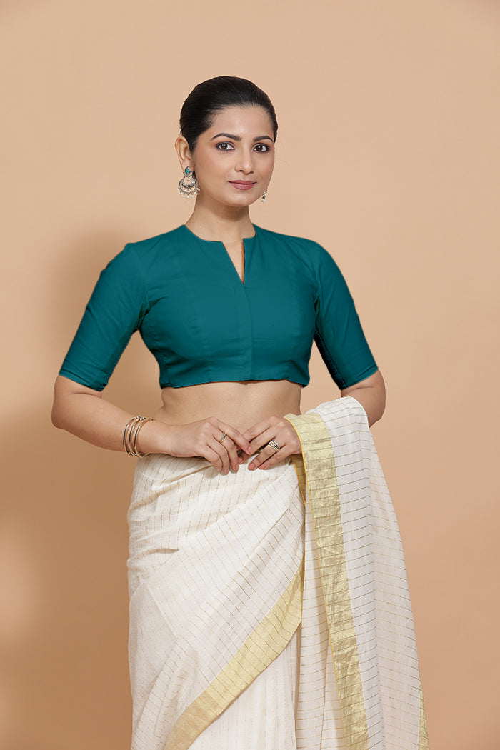 Kinal x Rozaana Saree Blouse, in Blue Linen, featuring elbow sleeves and round neckline, made for daily & work (view 6).