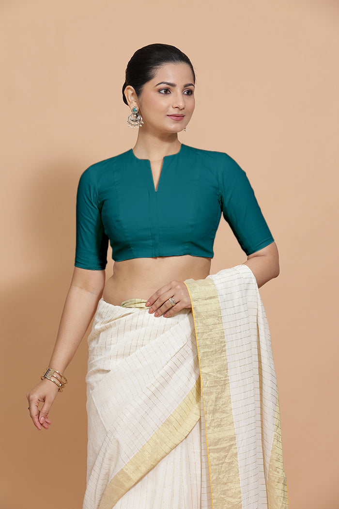 Kinal x Rozaana Saree Blouse, in Blue Linen, featuring elbow sleeves and round neckline, made for daily & work (view 7).