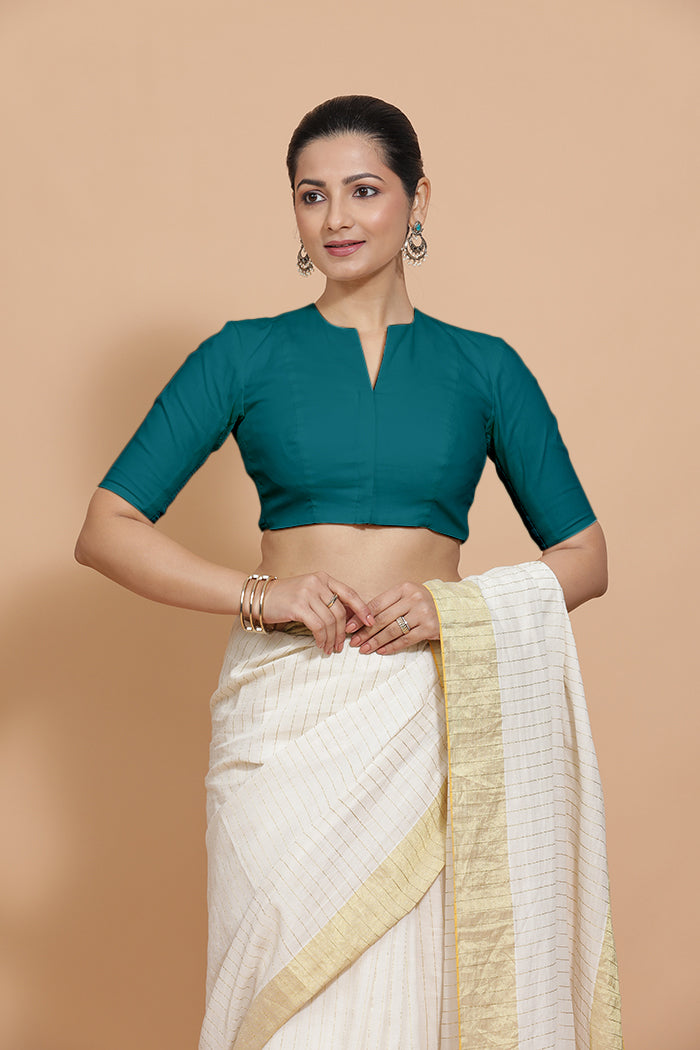Kinal x Rozaana Saree Blouse, in Blue Linen, featuring elbow sleeves and round neckline, made for daily & work (view 8).