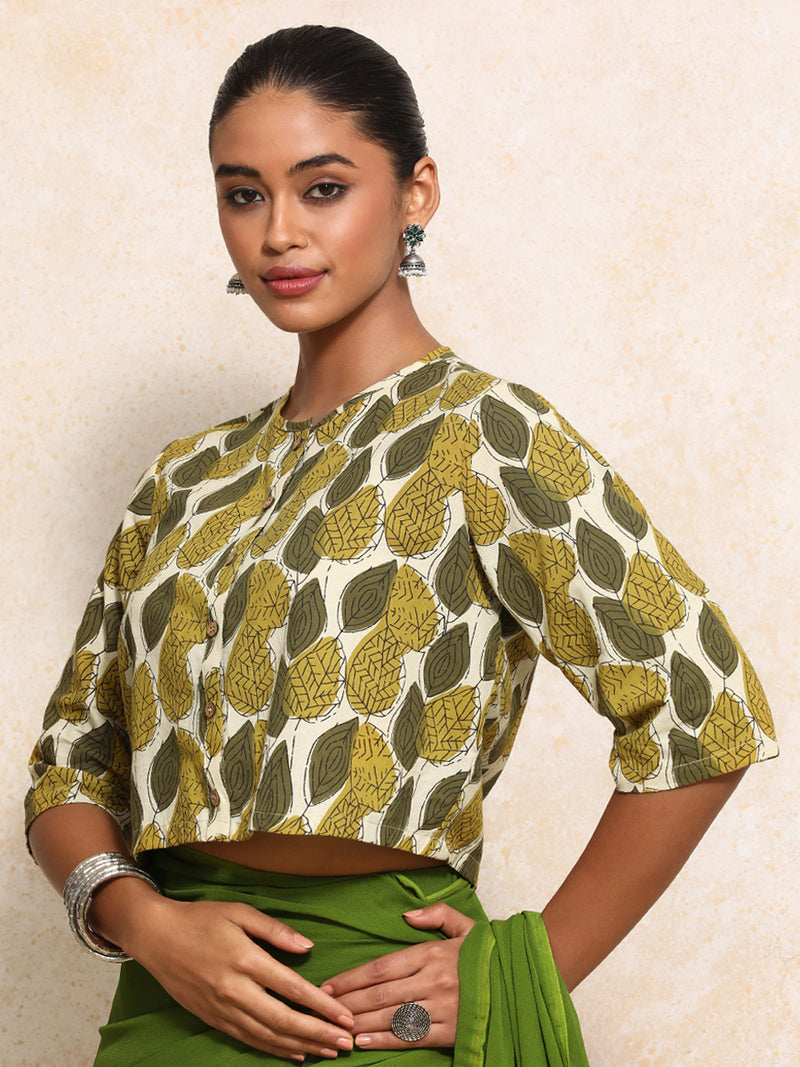 Kinza x Rozaana | Elbow Sleeves Saree Blouse in Olive Foliage Block Print Cotton-Binks