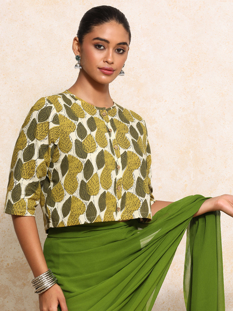 Kinza x Rozaana | Elbow Sleeves Saree Blouse in Olive Foliage Block Print Cotton-Binks