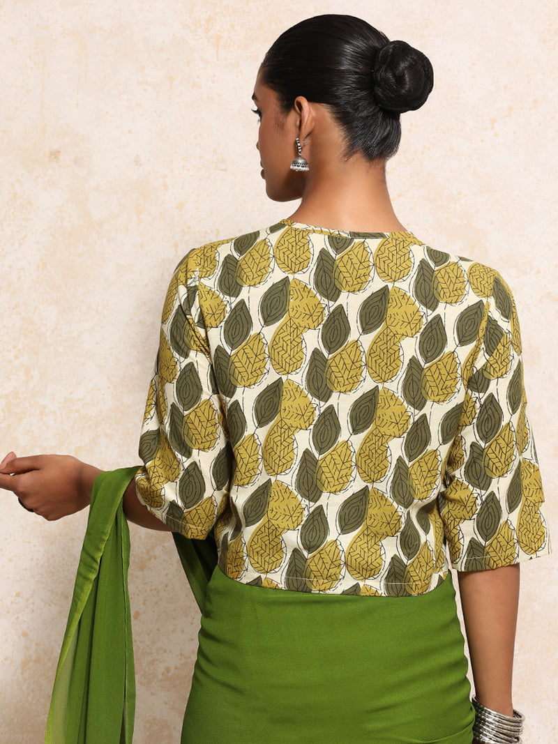 Kinza x Rozaana | Elbow Sleeves Saree Blouse in Olive Foliage Block Print Cotton-Binks