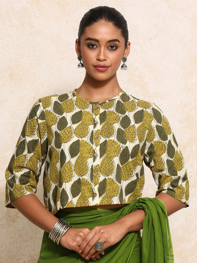 Kinza x Rozaana | Elbow Sleeves Saree Blouse in Olive Foliage Block Print Cotton-Binks