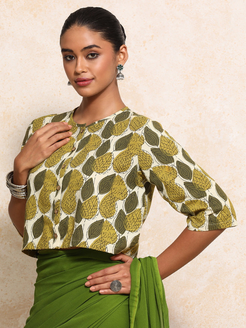 Kinza x Rozaana | Elbow Sleeves Saree Blouse in Olive Foliage Block Print Cotton-Binks