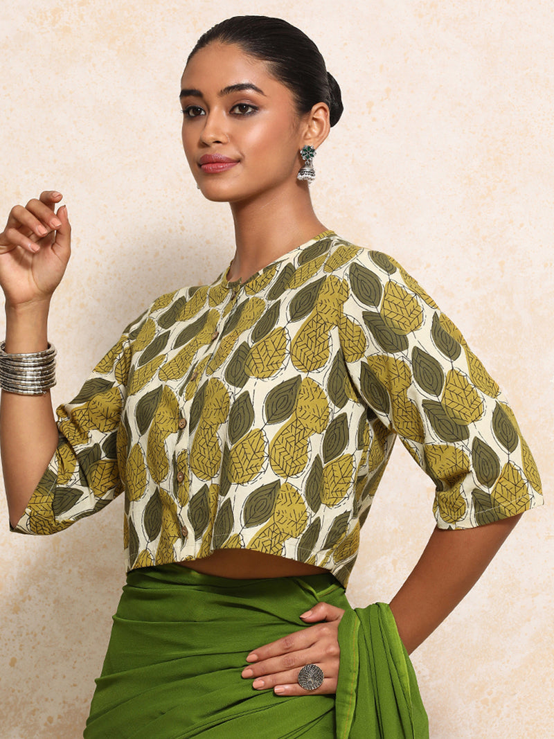 Kinza x Rozaana | Elbow Sleeves Saree Blouse in Olive Foliage Block Print Cotton-Binks