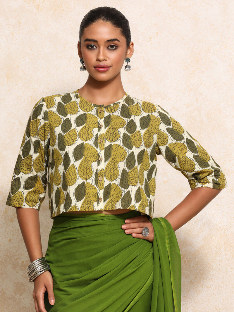 Kinza x Rozaana | Elbow Sleeves Saree Blouse in Olive Foliage Block Print Cotton-Binks