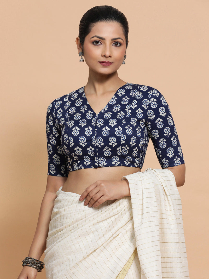 Kirti x Rozaana | Elbow Sleeves Cotton Saree Blouse in Indigo Blue Flower Block Print Fabric-Binks