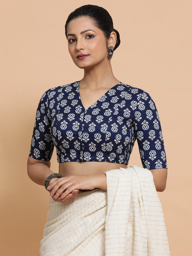 Kirti x Rozaana | Elbow Sleeves Cotton Saree Blouse in Indigo Blue Flower Block Print Fabric-Binks