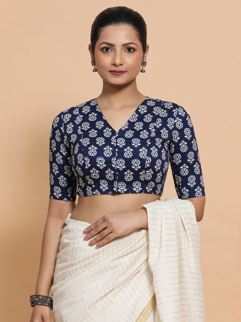 Kirti x Rozaana | Elbow Sleeves Cotton Saree Blouse in Indigo Blue Flower Block Print Fabric-Binks
