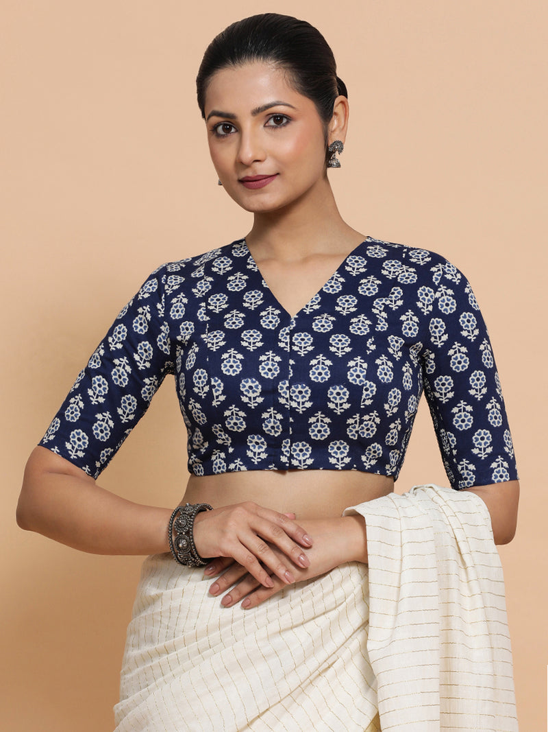 Kirti x Rozaana | Elbow Sleeves Cotton Saree Blouse in Indigo Blue Flower Block Print Fabric-Binks