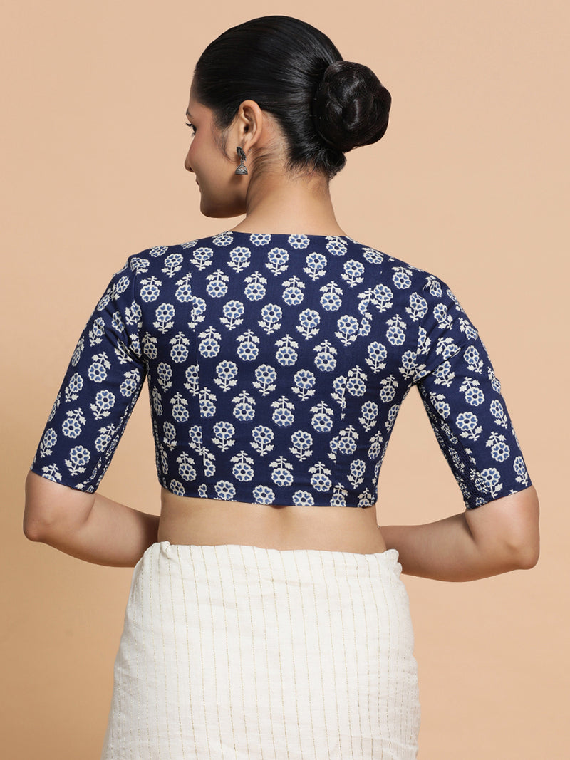 Kirti x Rozaana | Elbow Sleeves Cotton Saree Blouse in Indigo Blue Flower Block Print Fabric-Binks