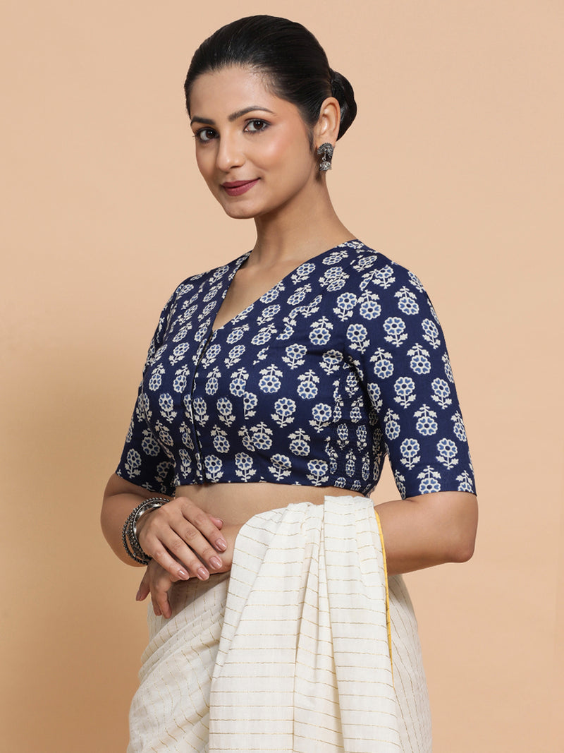 Kirti x Rozaana | Elbow Sleeves Cotton Saree Blouse in Indigo Blue Flower Block Print Fabric-Binks
